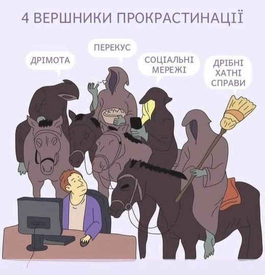 4 вершники прокрастинації: дрімота, перекус, соціальні мережі, дрібні хатні справи